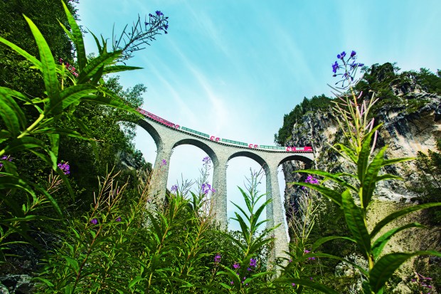 Schweiz. ganz natuerlich. Bernina Express: Chur-Tirano. Landwasserviadukt bei Filisur, 65m hoch und 136m lang. Wahrzeichen der RhB und UNESCO-Weltkulturerbe.